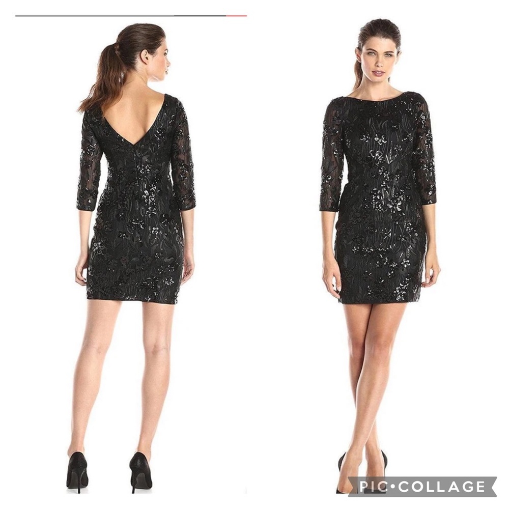 Aidan Mattox embroidered bateau neck column 3/4 sleeves dress